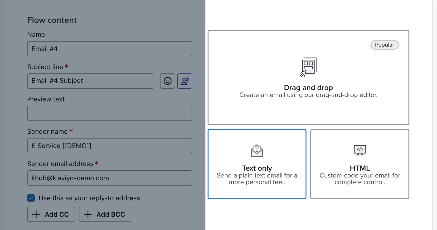 The Text only button on the Flow content page.