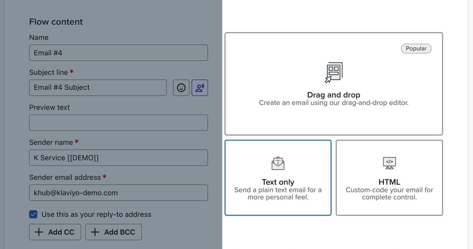 The Text only button on the Flow content page.
