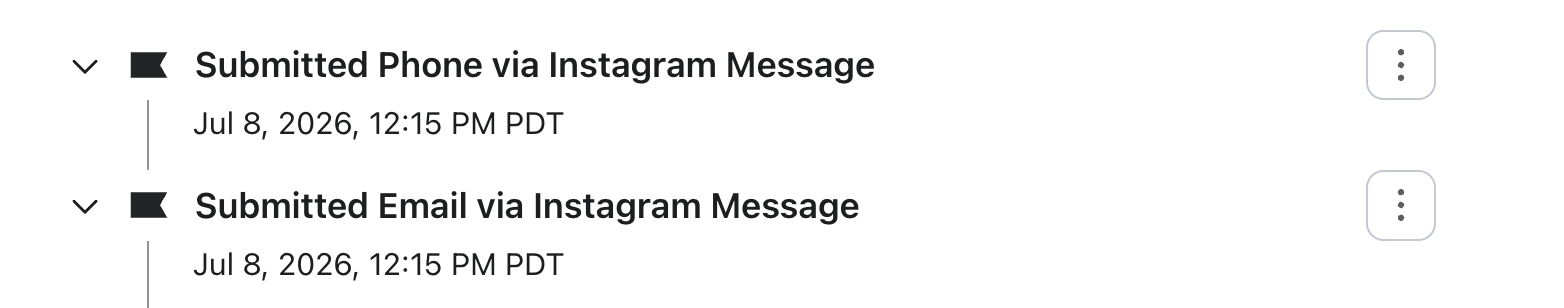 List of "Submitted Phone via Instagram Message" and "Submitted Email via Instagram Message" entries, both dated July 8, 2026, 12:15 PM PDT.