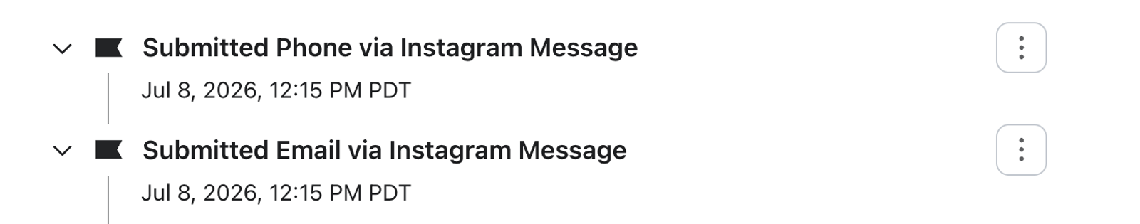 List of "Submitted Phone via Instagram Message" and "Submitted Email via Instagram Message" entries, both dated July 8, 2026, 12:15 PM PDT.