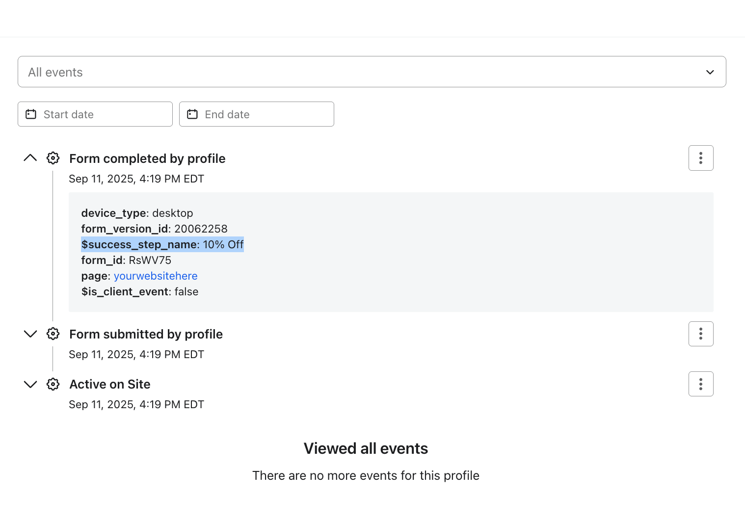 The success_step_name field is highlighted in the profile properties menu, nested under the Form completed by profile event