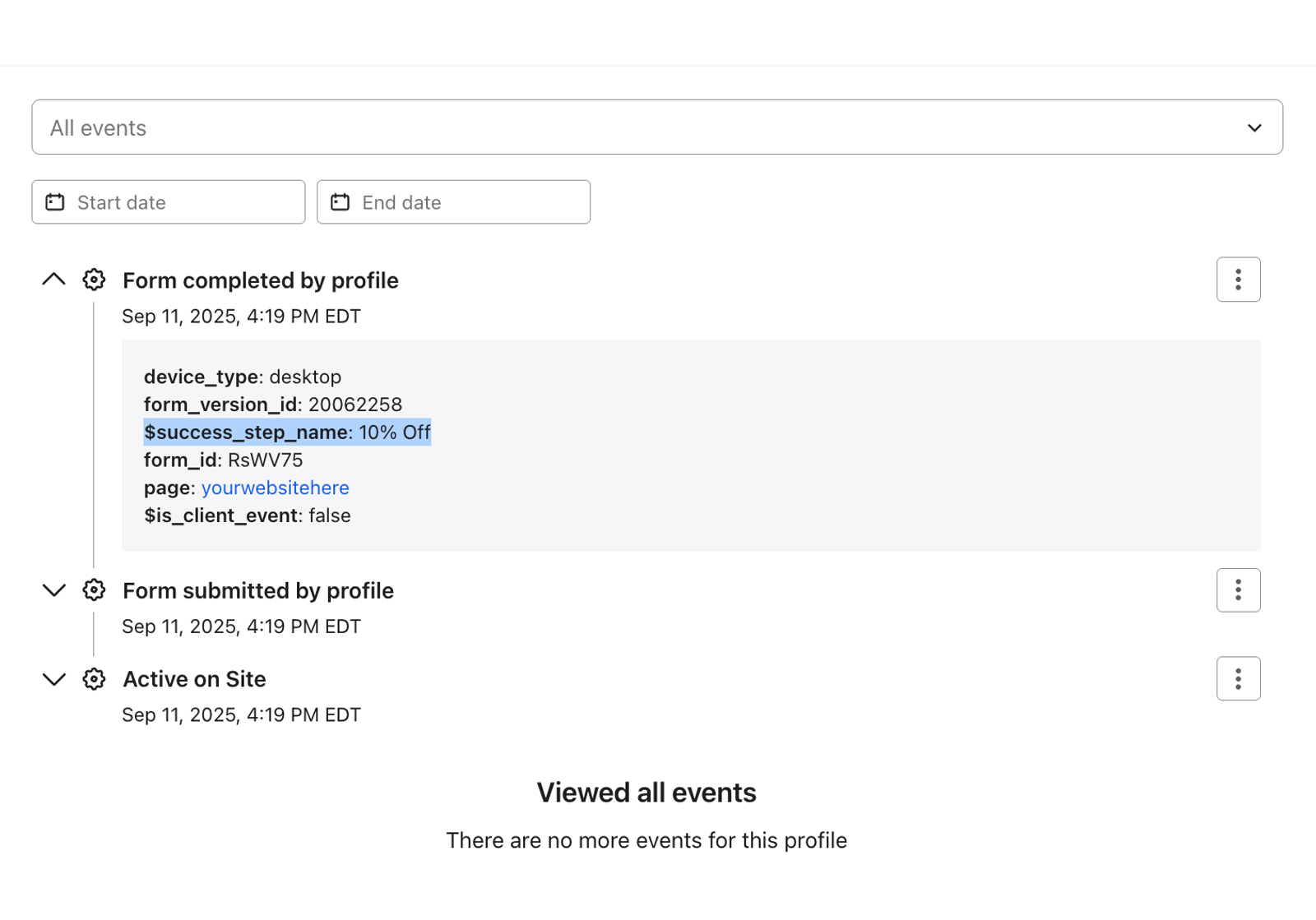 The success_step_name field is highlighted in the profile properties menu, nested under the Form completed by profile event