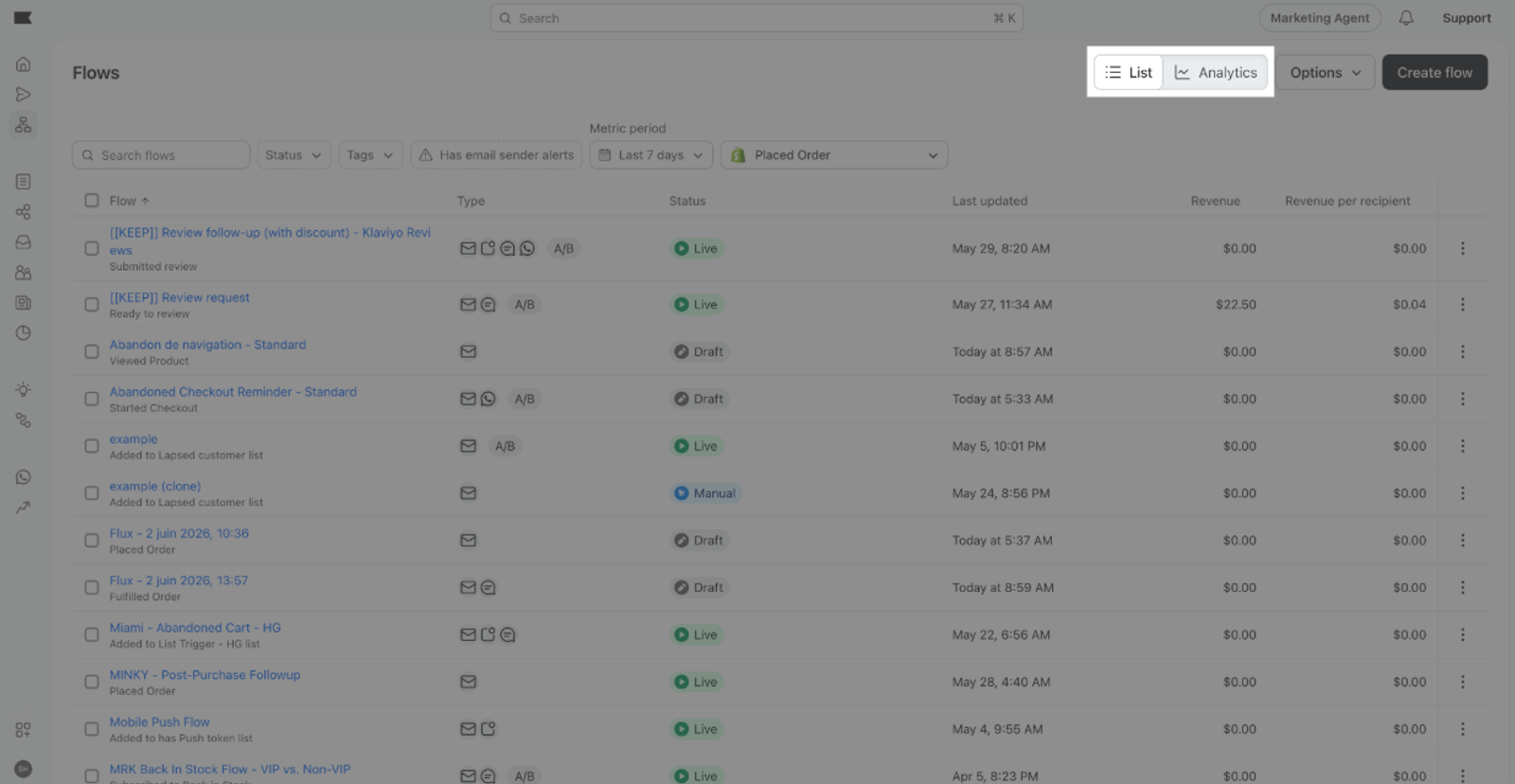 A software dashboard displaying a list of "Flows" with details like status, last updated time, and revenue.