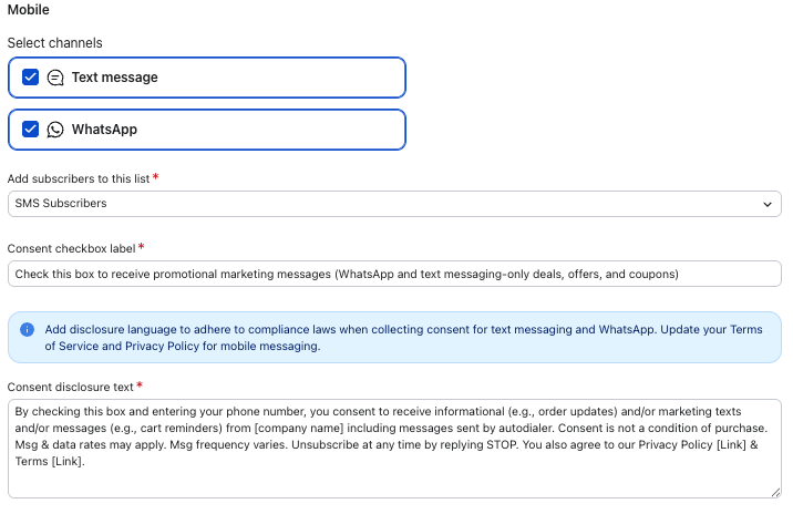 A mobile messaging configuration screen with Text message and WhatsApp channels selected, along with options for subscriber lists and consent text.