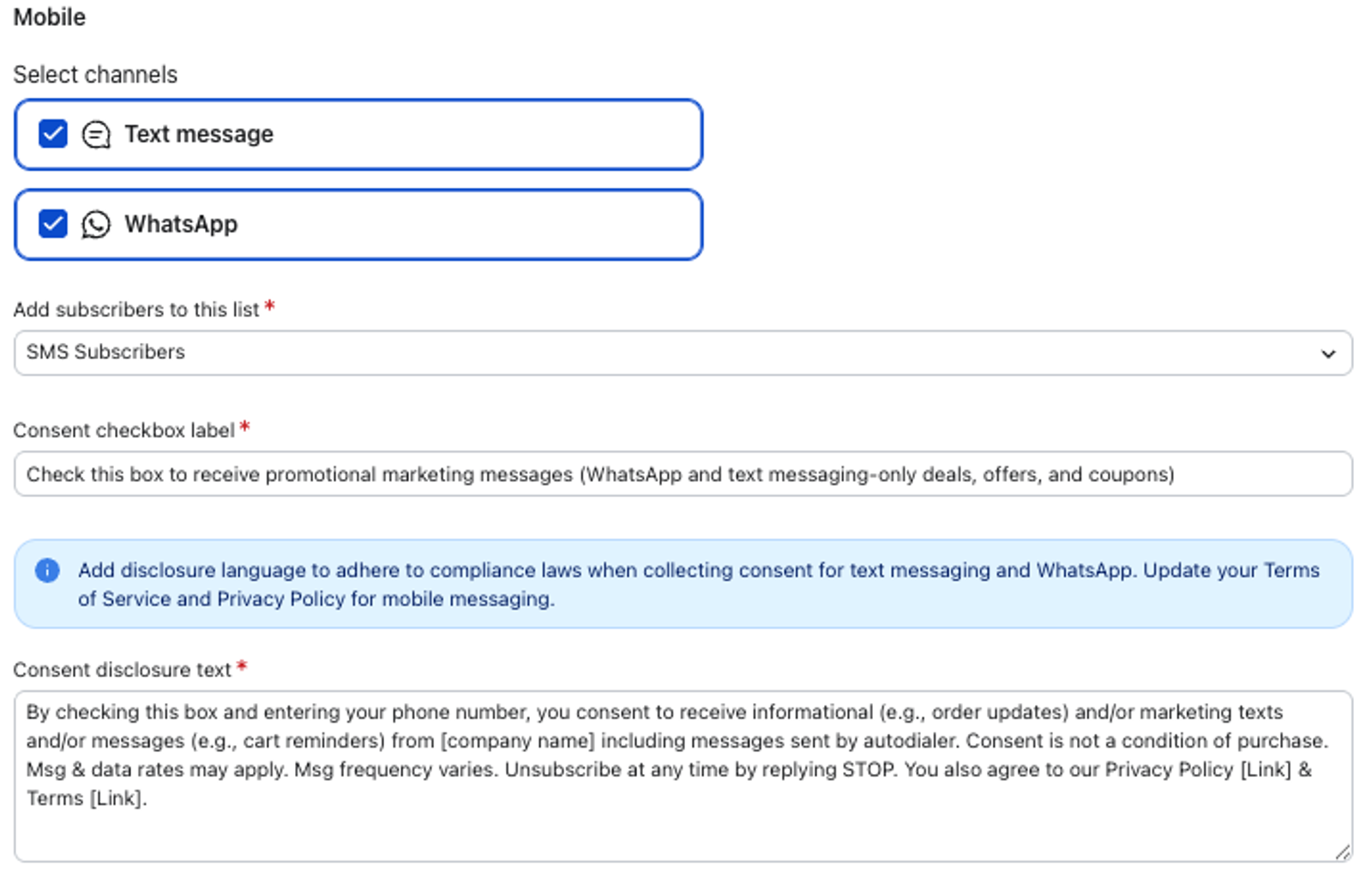 A mobile messaging configuration screen with Text message and WhatsApp channels selected, along with options for subscriber lists and consent text.