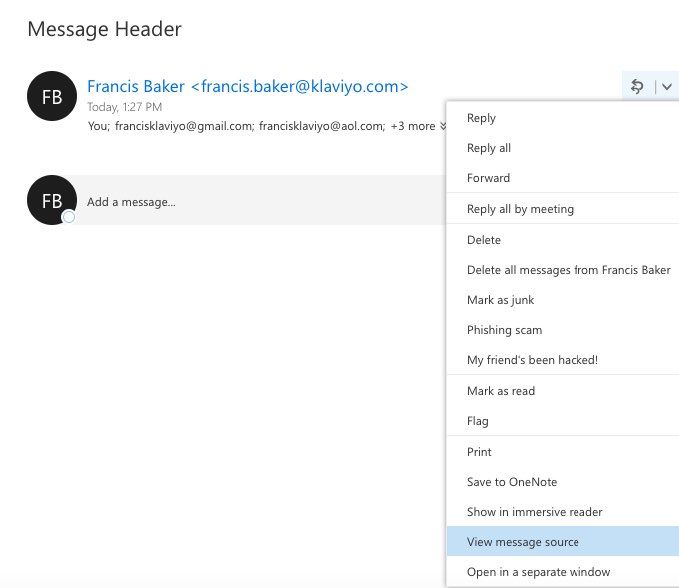 View message source option for emails in Outlook and Hotmail inboxes 