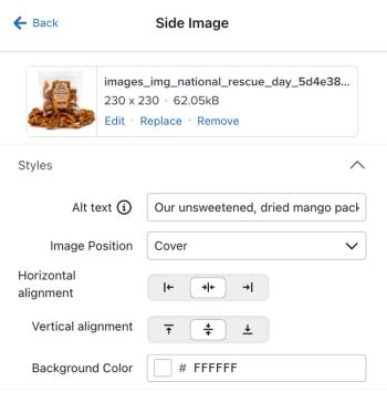 The Styles section of the Side Image settings where you can add alt text, set Image Position, choose alignment, and set a background color.
