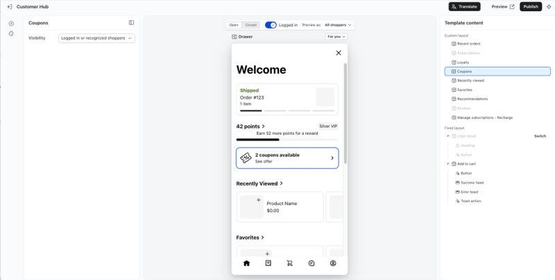 Customer Hub UI showing a mobile preview with "2 coupons available" highlighted, and "Coupons" selected in the content management panel.