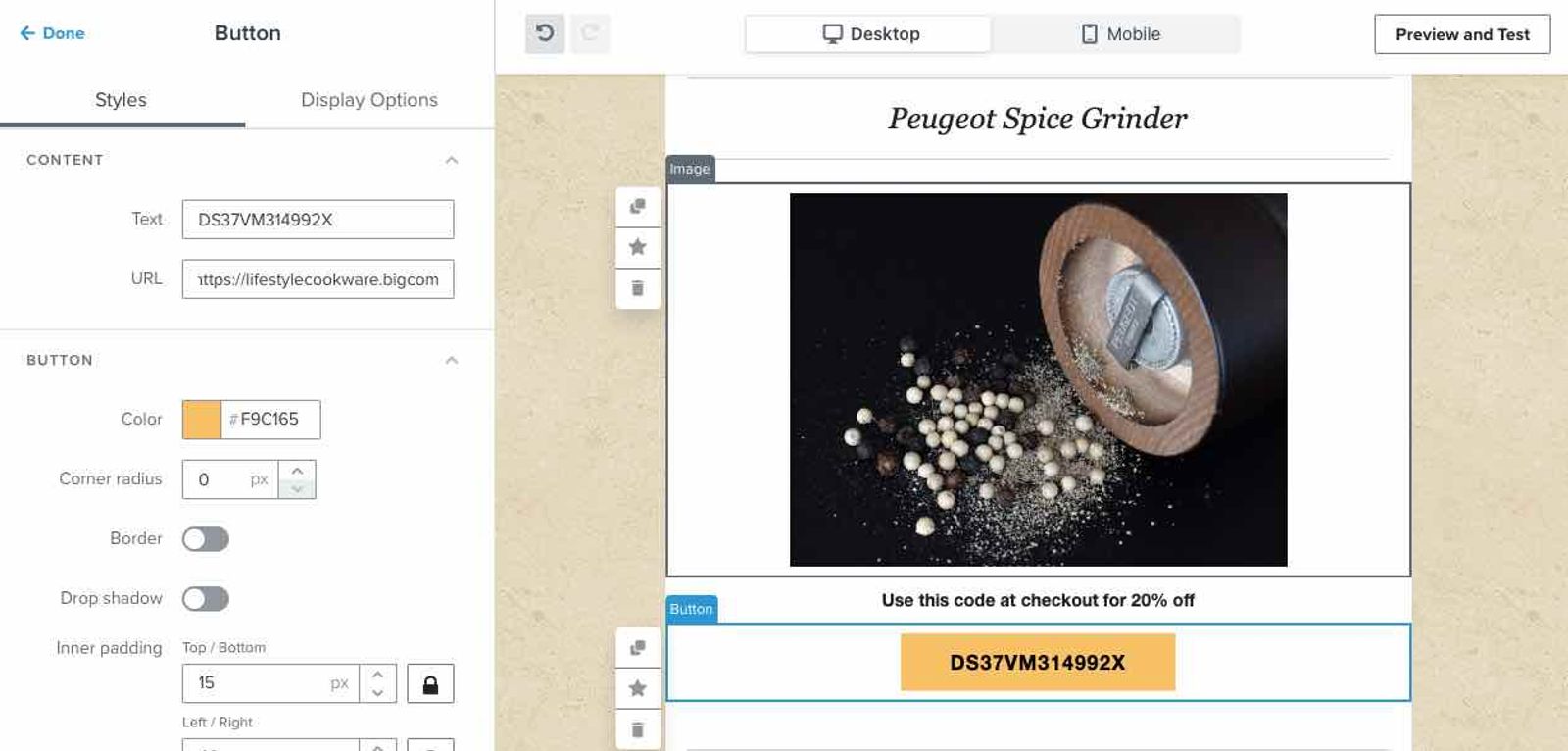 the template editor with the static coupon name typed in to the button text box