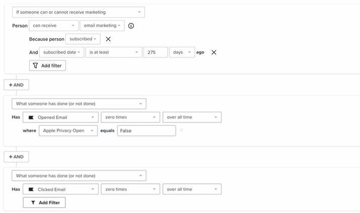 Subscribers who were added more than 275 days ago, but have never opened and clicked an email.