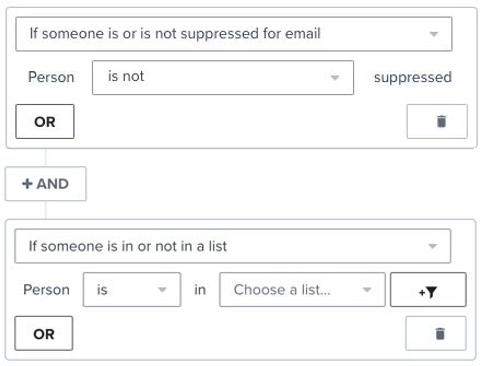 Old filters for 'person is not suppressed' AND 'pers is in list'