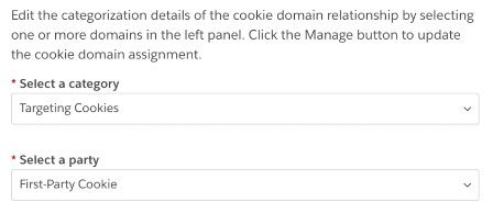 On the Categorization tab, a modal showing dropdowns for selecting a cookie category and cookie party