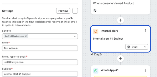 Configurazione dell'azione di notifica visualizzata nella barra laterale sinistra dopo aver cliccato su una notifica.