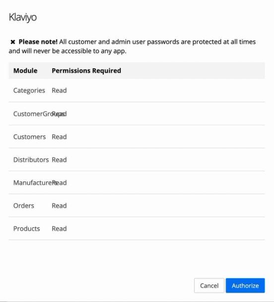 Klaviyo settings in Shift4Shop showing required permissions with Authorize button with blue background