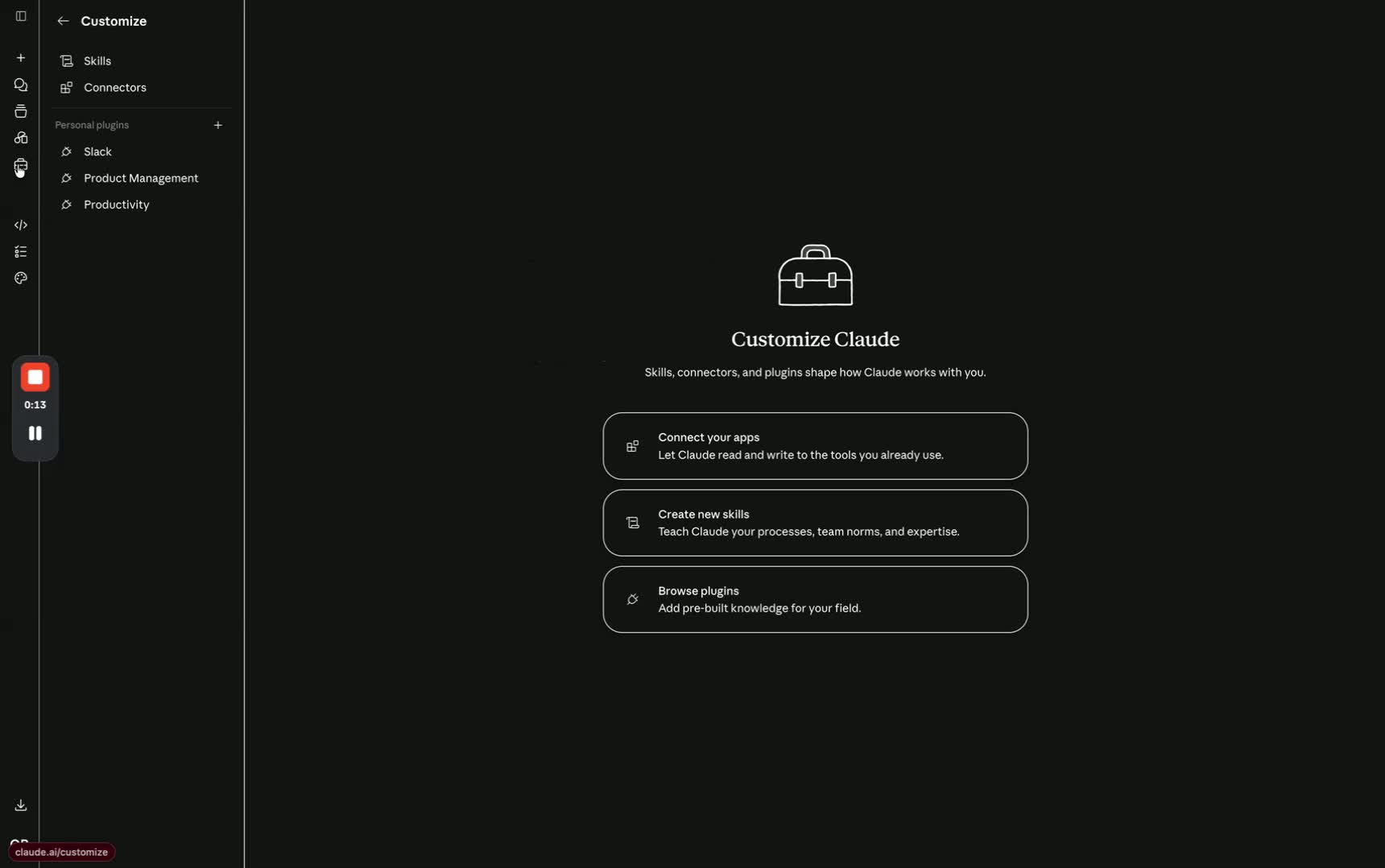 Dark mode "Customize Claude" screen showing options to connect apps, create new skills, and browse plugins, with a sidebar listing skill and plugin categories.