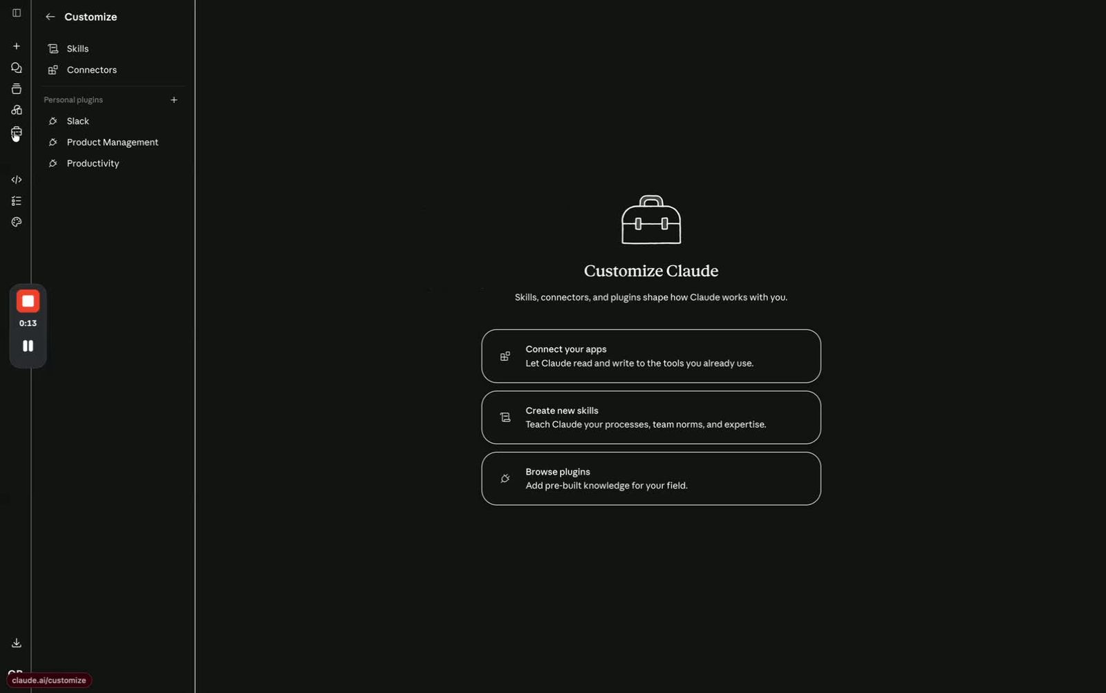 Dark mode "Customize Claude" screen showing options to connect apps, create new skills, and browse plugins, with a sidebar listing skill and plugin categories.