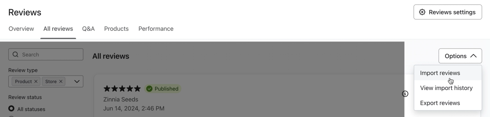 The Import reviews button