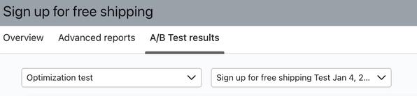 The A/B test results tab a form with the ongoing optimization test showing the two dropdown menus at the top set to Optimization test and the correct name of your test, respectively.