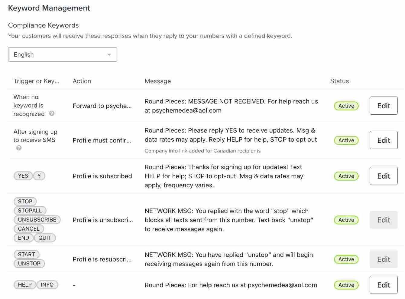 Keywords section in the SMS automations page