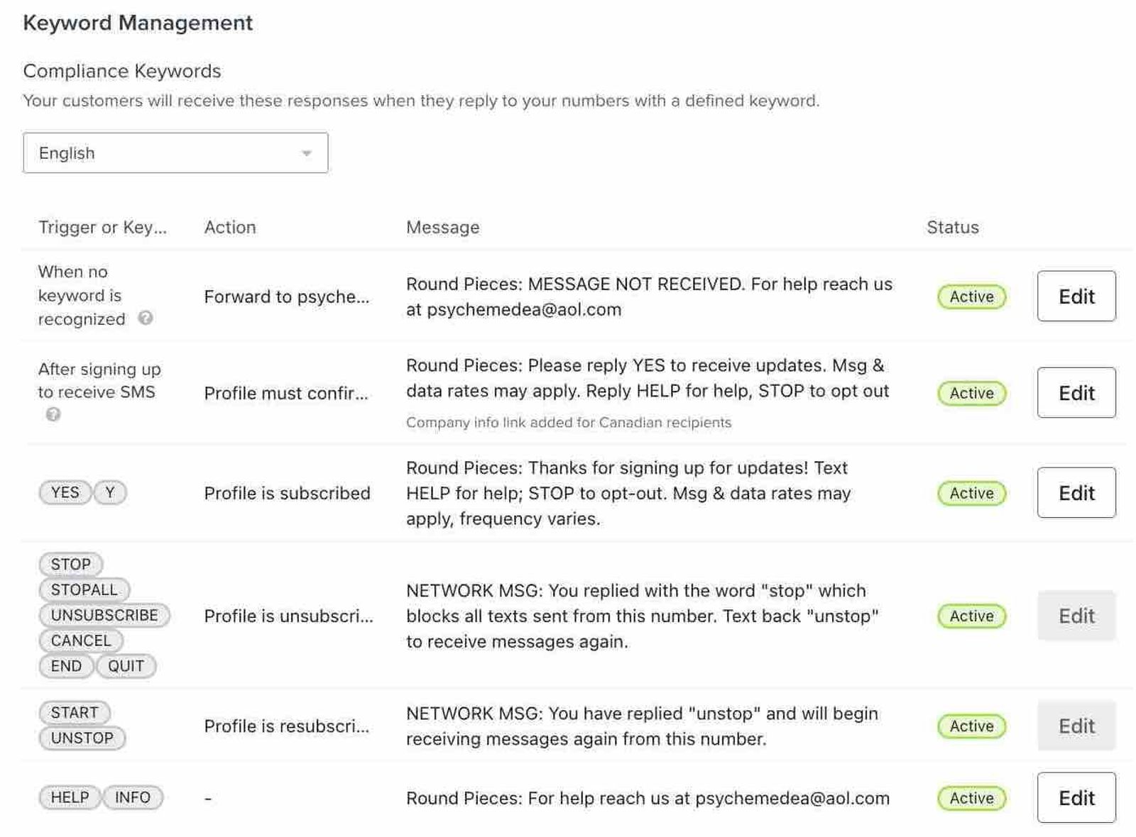 Keywords section in the SMS automations page