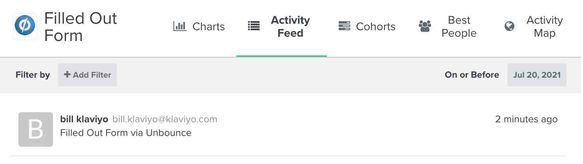Filled out Form metric activity feed in Klaviyo showing an event from profile named Bill Klaviyo