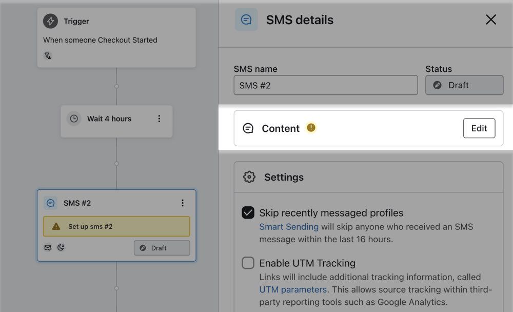 Flow with an SMS message clicked and the Configure Content button highlighted in the sidebar