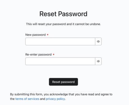 The Reset password modal where you can enter a new password for your account, then retype it, then save it.