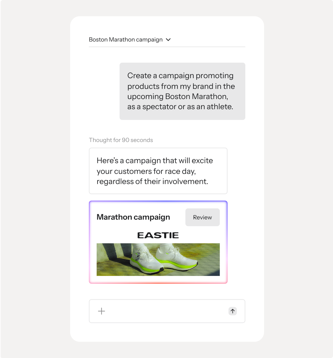 An AI interface generating a Boston Marathon marketing campaign featuring Eastie running shoes.