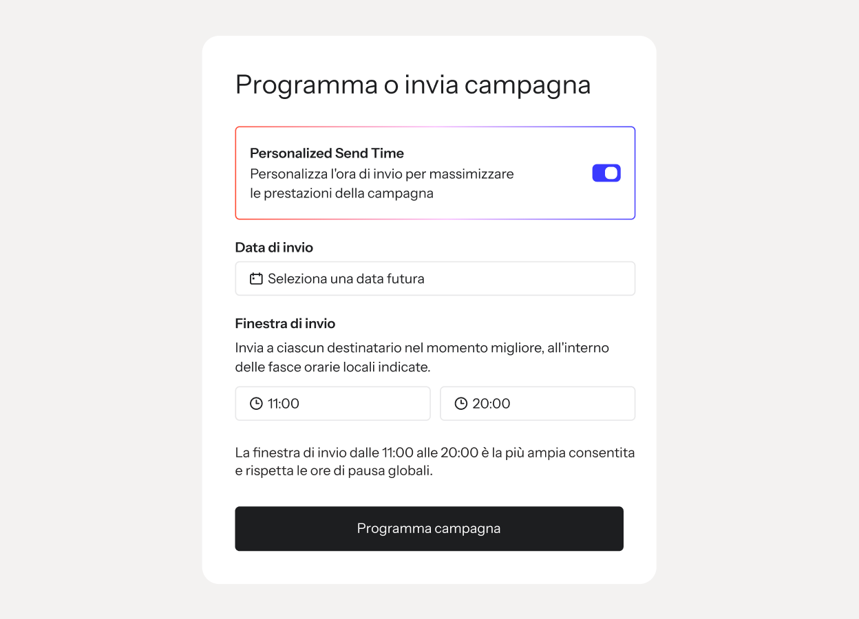 Un modulo di pianificazione della campagna con Personalized Send Time, selettore della data, finestra di invio e pulsante per programmare.