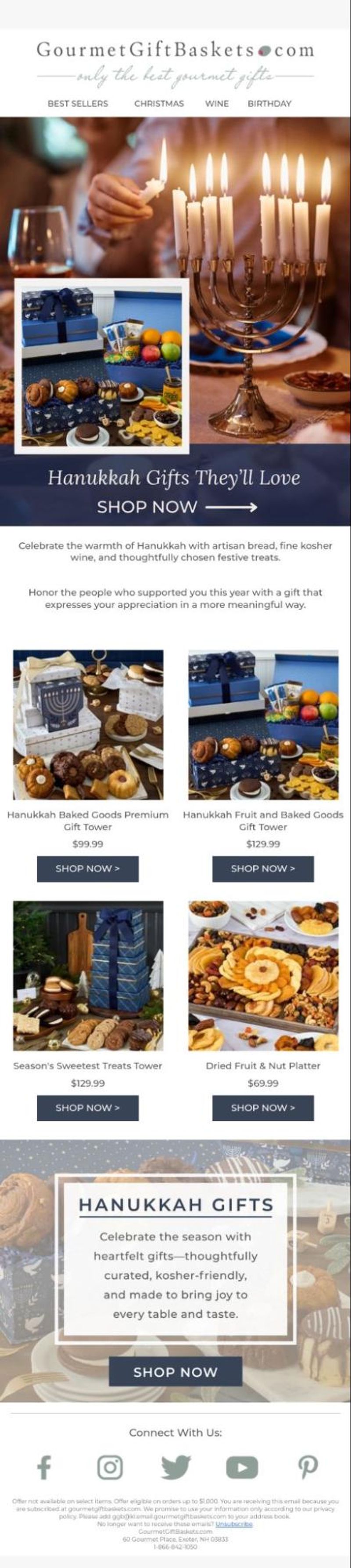 Screenshot of a GourmetGiftBaskets.com marketing email. The header shows the site logo, the tagline "only the best gourmet gifts," and navigation links for bestsellers, Christmas, wine, and birthday. Below, a photo shows someone lighting a menorah with a taper candle at a table set with a wineglass and small plates. Inset over the photo is a product image of a gourmet Hanukkah gift box containing artisanal bread, chocolates, dried fruit, nuts, and other treats, wrapped in blue and white packaging. A banner reads, "Hanukkah Gifts They'll Love" with a "Shop Now" button. Below that, body text reads, "Celebrate the warmth of Hanukkah with artisan bread, fine kosher wine, and thoughtfully chosen festive treats," followed by, "Honor the people who supported you this year with a gift that expresses your appreciation in a more meaningful way."