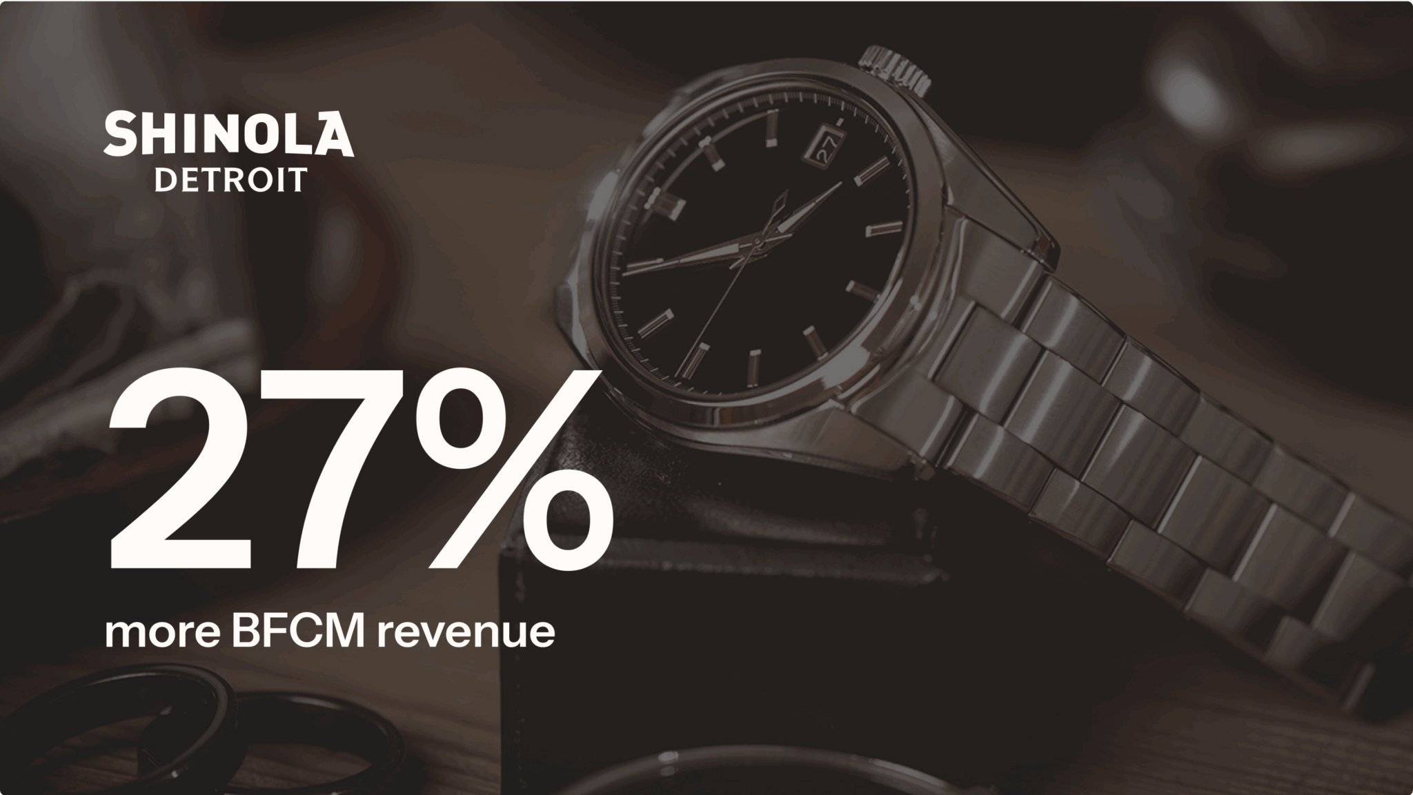 Shinola Detroit watch with text: "27% more BFCM revenue."