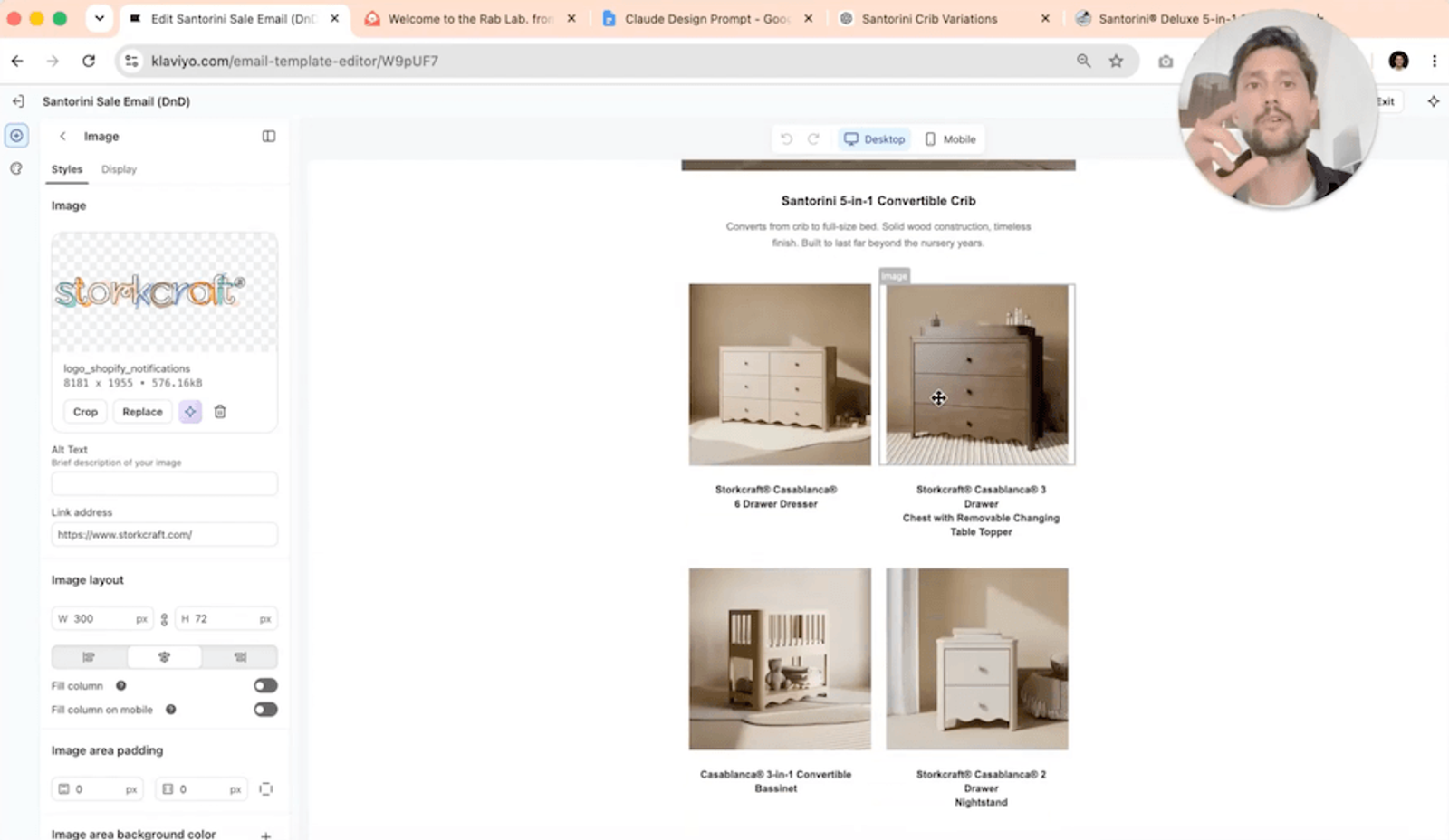 Klaviyo email editor displaying a Storkcraft baby furniture email preview, with a person's face in the top right.