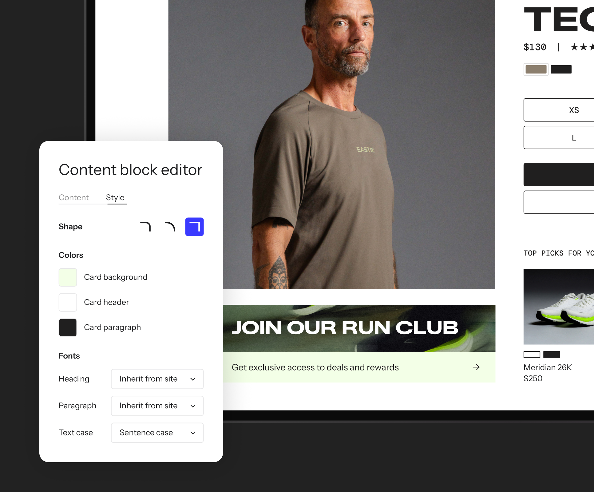 A content block editor showing style options for shape, colors, and fonts, over an e-commerce product page.