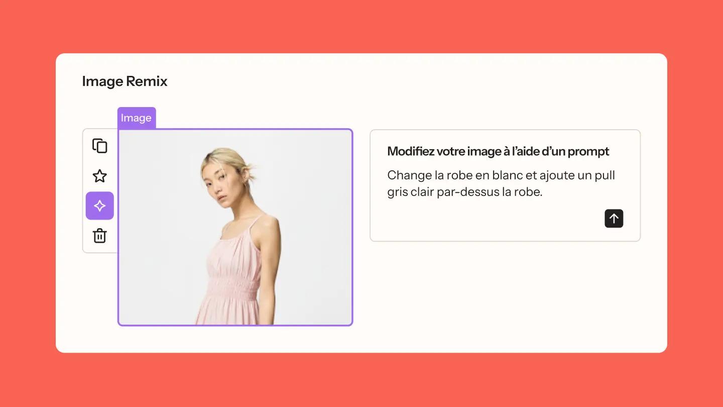 Interface de personnalisation d'image montrant une femme en robe rose avec des instructions pour modifier la tenue.