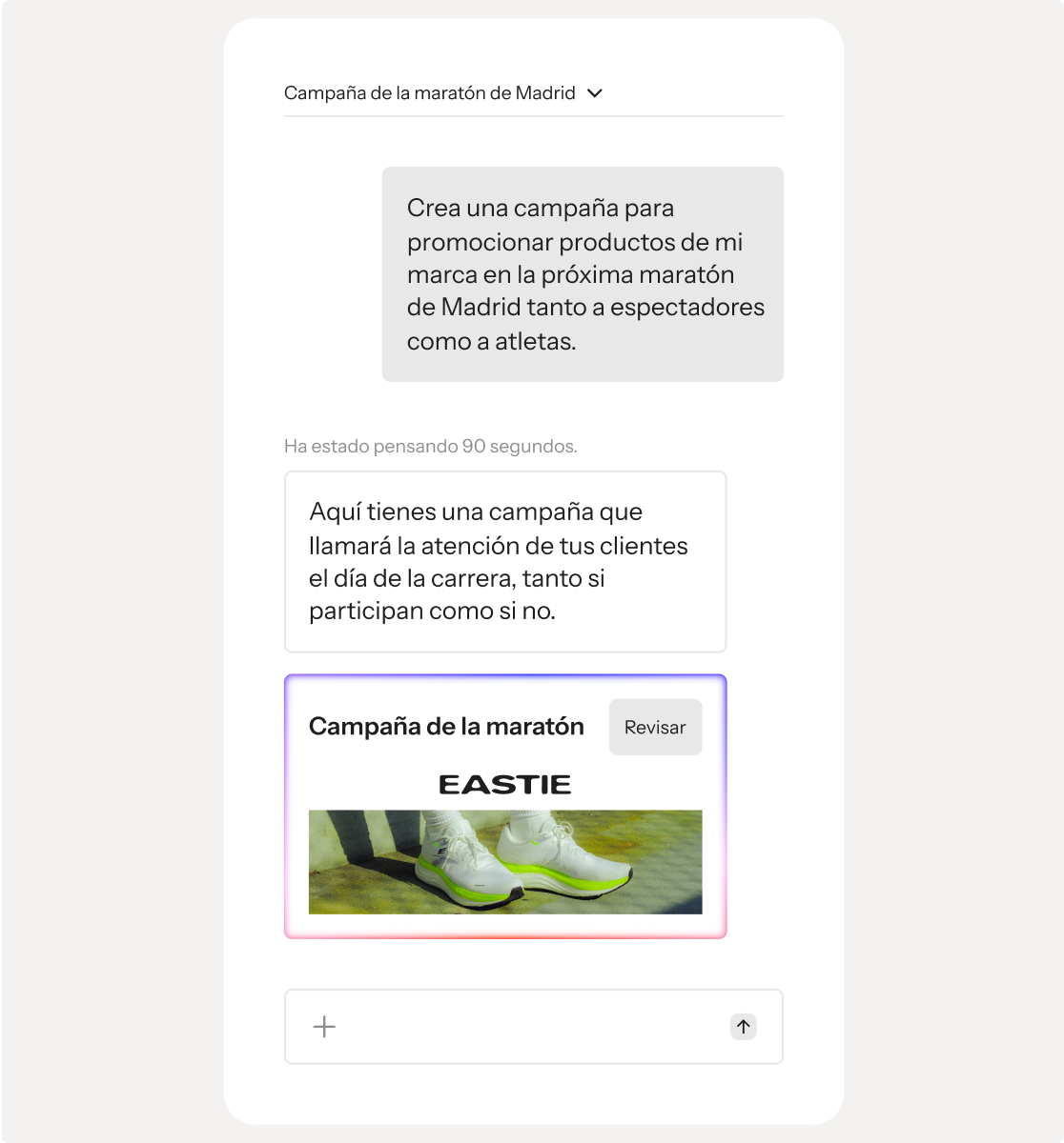 An AI interface generating a Boston Marathon marketing campaign featuring Eastie running shoes.
