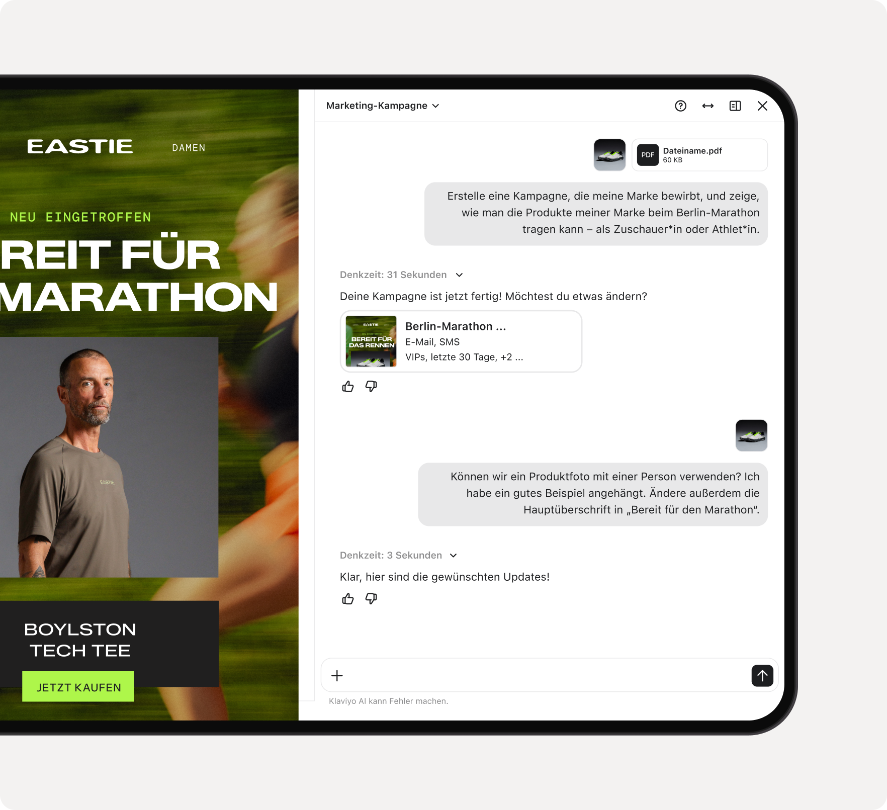 Digital tablet displaying a running shoe advertisement on one side and an AI assistant generating a marketing campaign on the other.