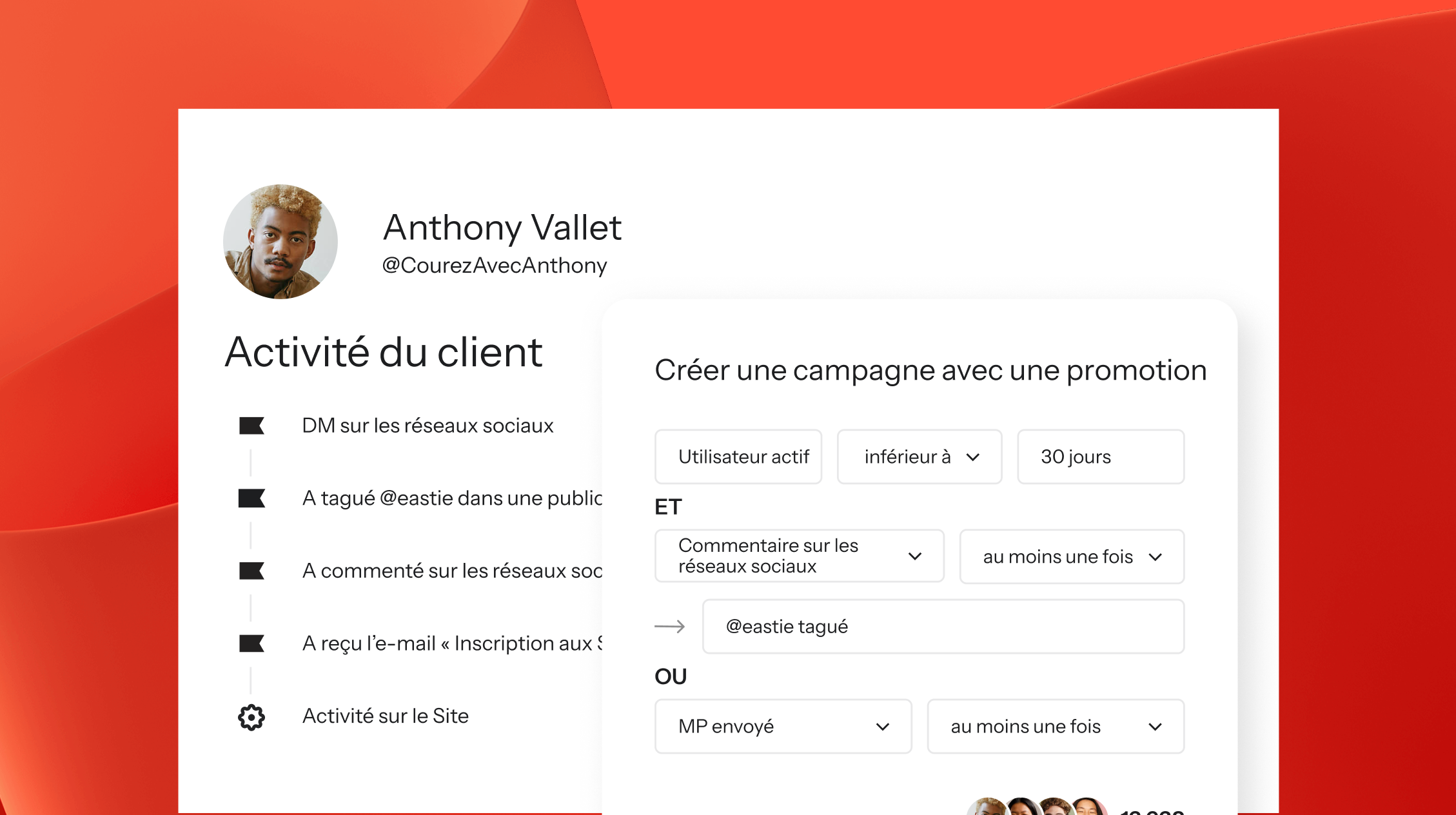 A user profile interface showing client activity and a form to create a promotional campaign.