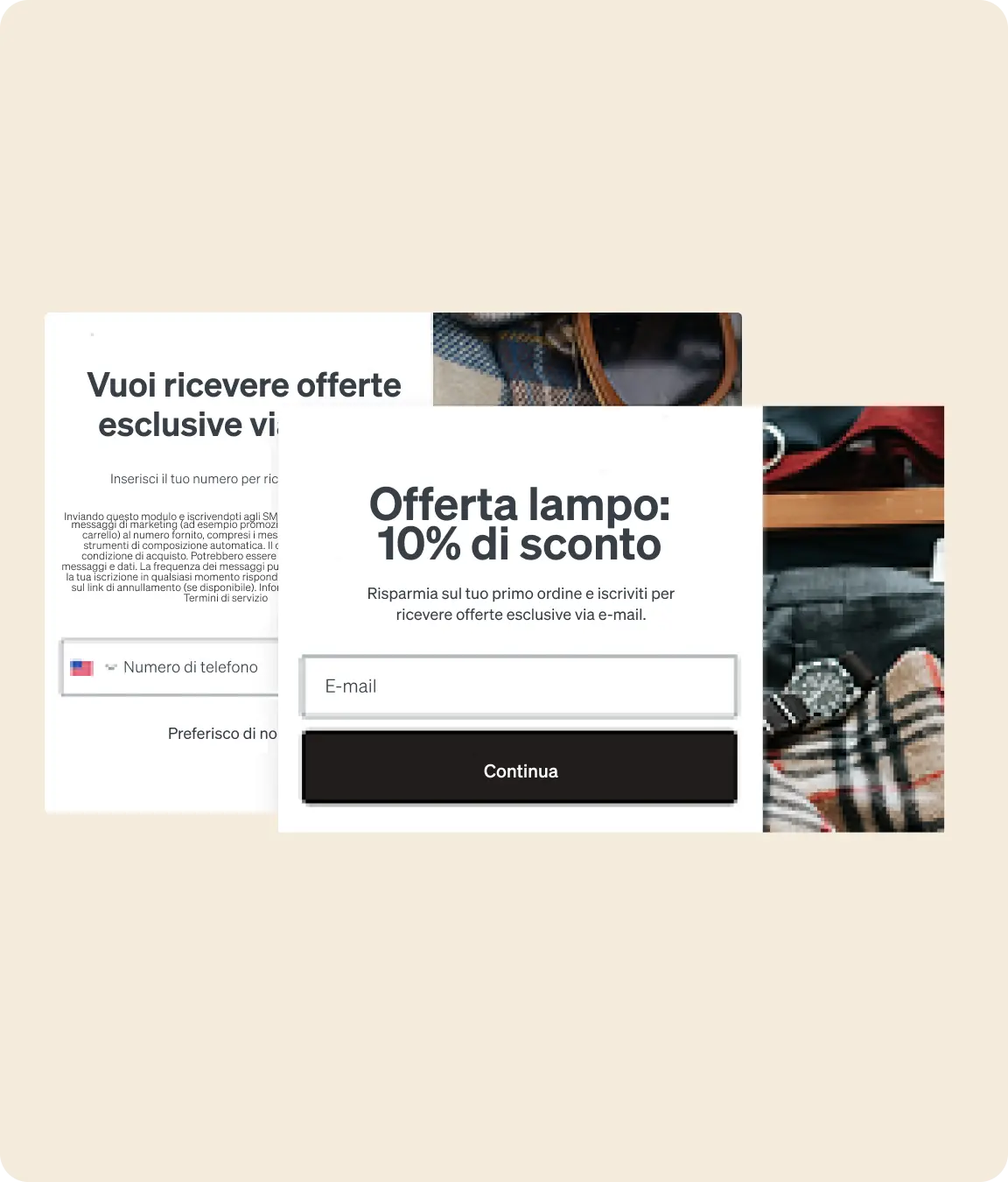 Offerta lampo: 10% di sconto con iscrizione e-mail. Form per inserire l'indirizzo e-mail e pulsante "Continua".