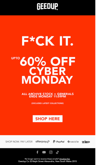GEEDUP Cyber Monday sale ad with "F*CK IT." headline, offering up to 60% off.