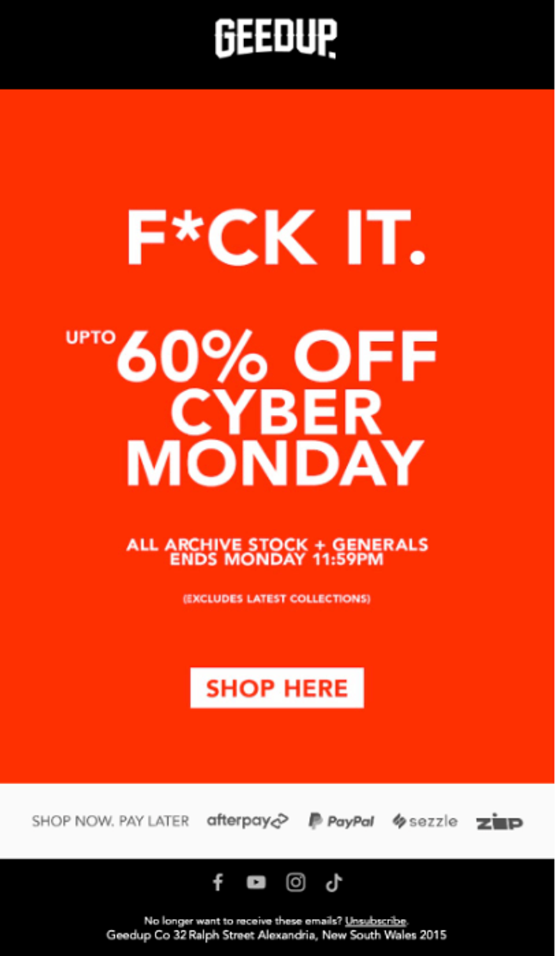 GEEDUP Cyber Monday sale ad with "F*CK IT." headline, offering up to 60% off.