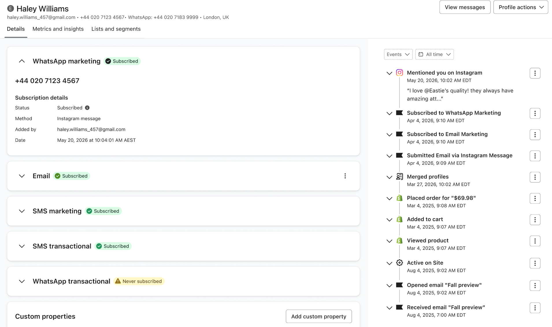 A user profile dashboard showing communication channel subscription details and a chronological activity log.