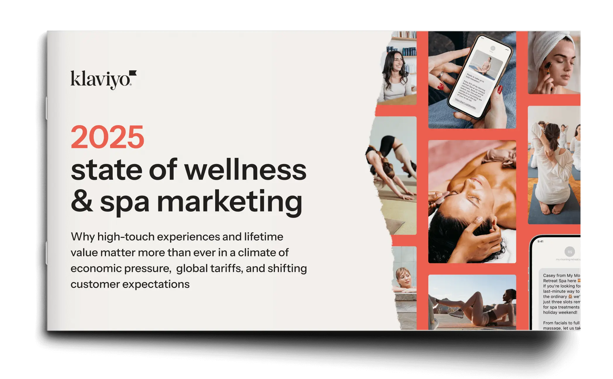 Klaviyo cover titled "2025 State of Wellness & Spa Marketing" with images of people practicing yoga, receiving spa treatments, and using a smartphone.