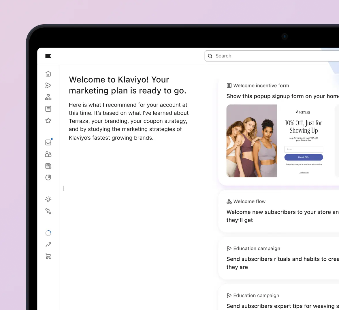 Klaviyo dashboard showing a marketing plan with a welcome message and popup signup form for a 10% discount offer.