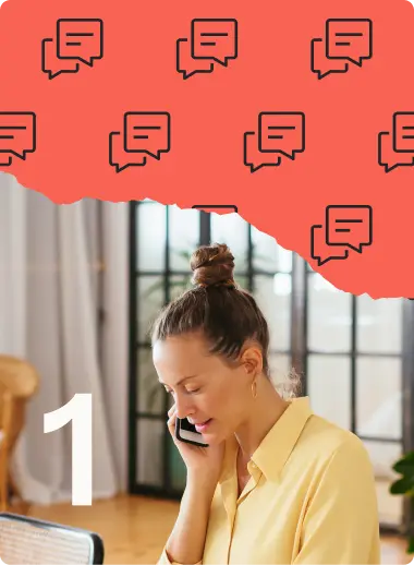 Woman in yellow shirt talking on phone, with chat icons and number 1 above.