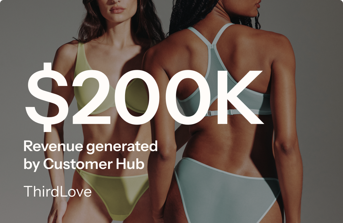 Lifestyle image of two models in apparel with overlay text stating “$200K revenue generated by Customer Hub” for ThirdLove.