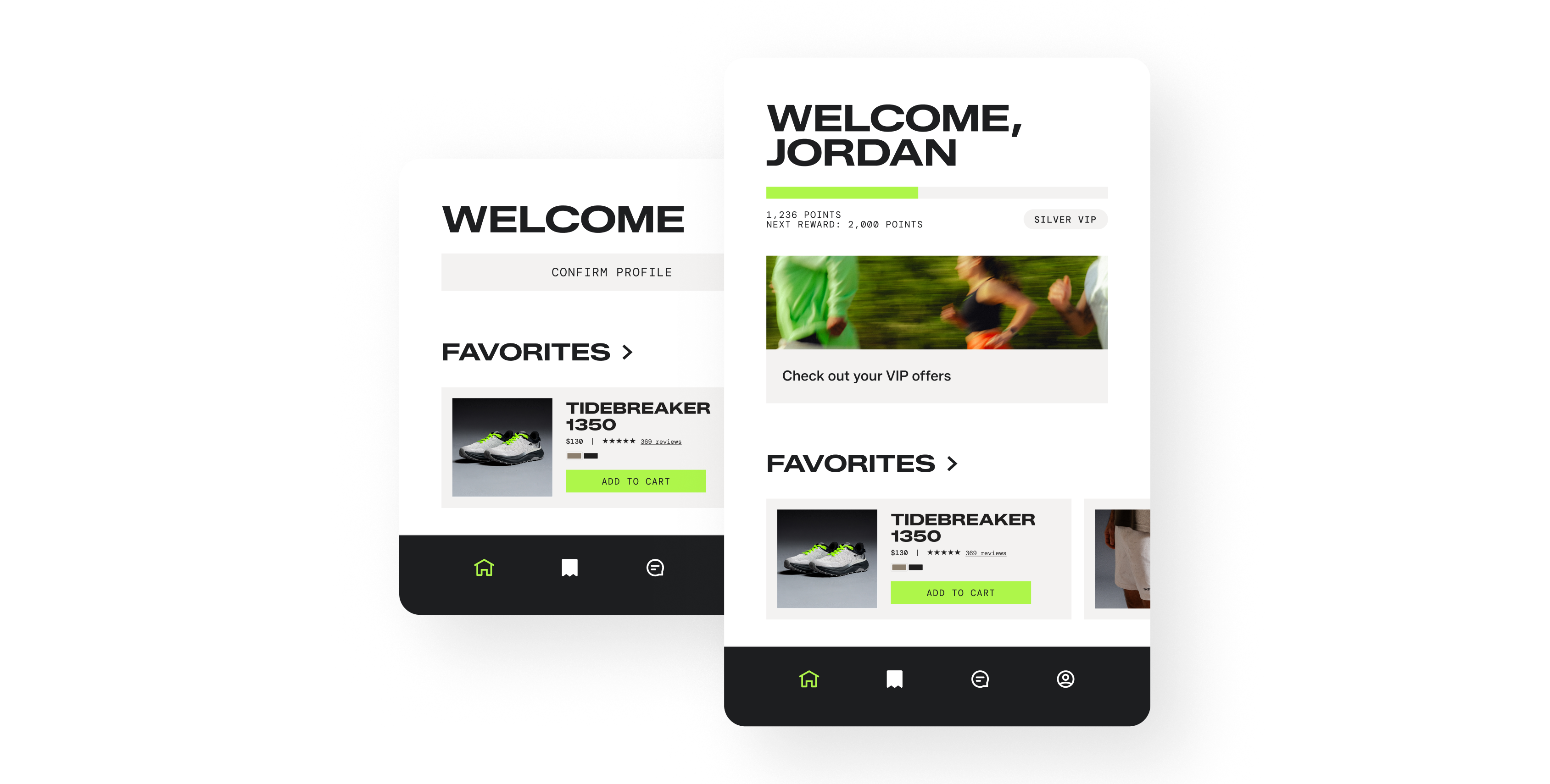 Two mobile app screens show a welcome dashboard, VIP rewards progress, favorites, and a running shoe product.