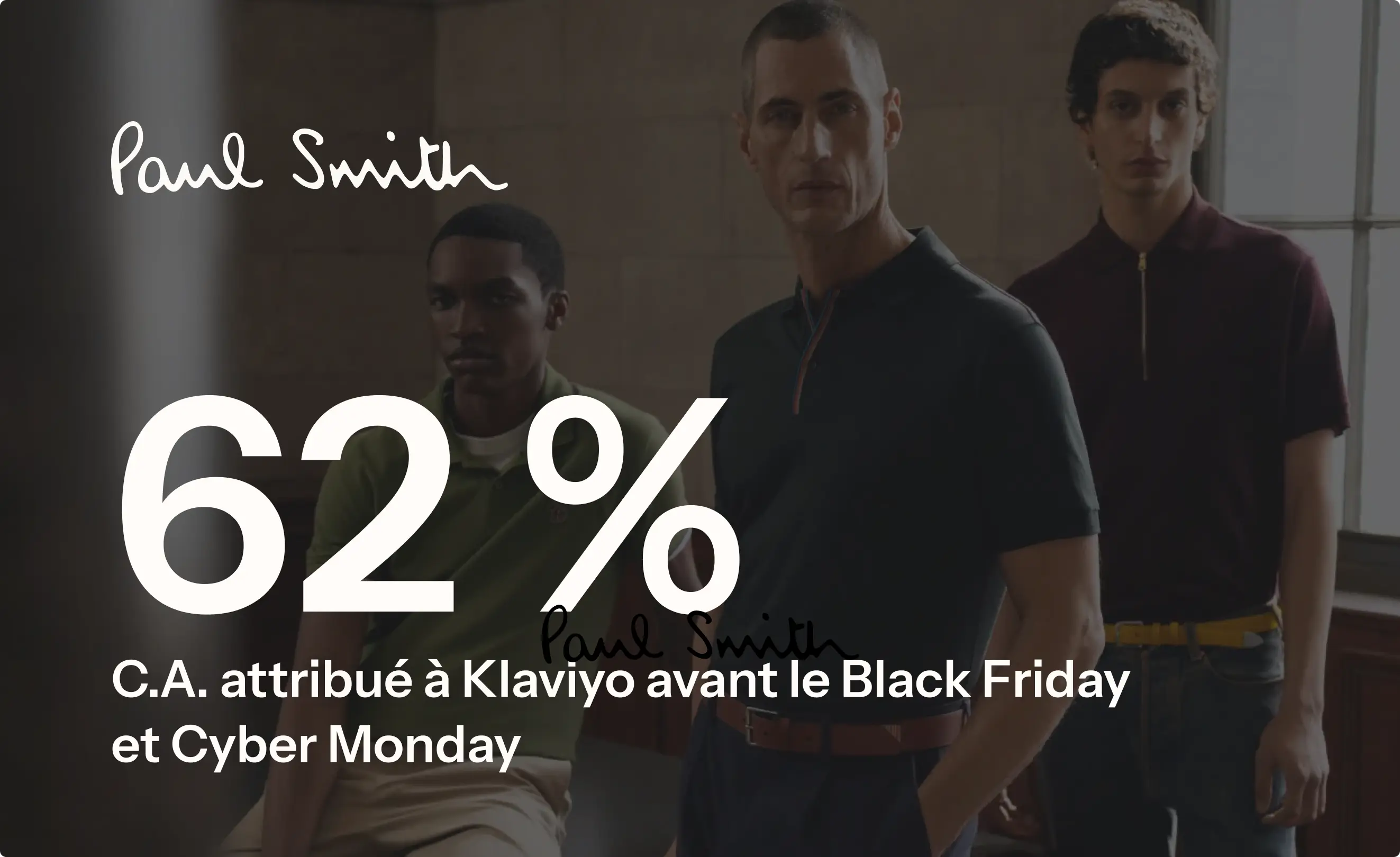 Paul Smith, trois hommes posant, texte "62 % C.A. attribué à Klaviyo avant le Black Friday et Cyber Monday".