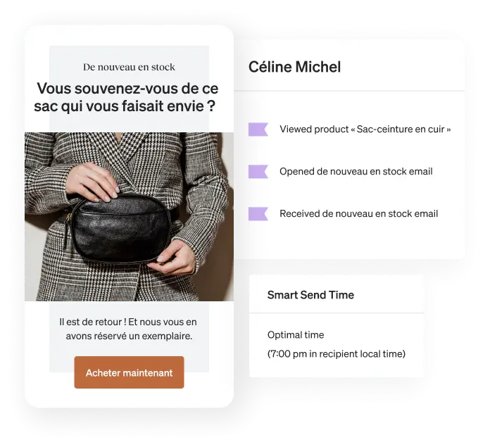 Side-by-side views of Cindy Murakami’s customer profile, a window displaying Smart Send Time, and a back-in-stock email about a bag she’d been looking at