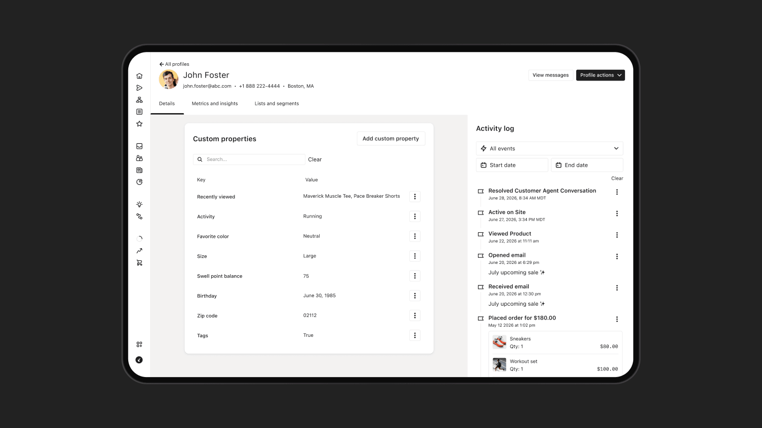 A customer profile interface displaying personal details, custom properties, and an activity log.