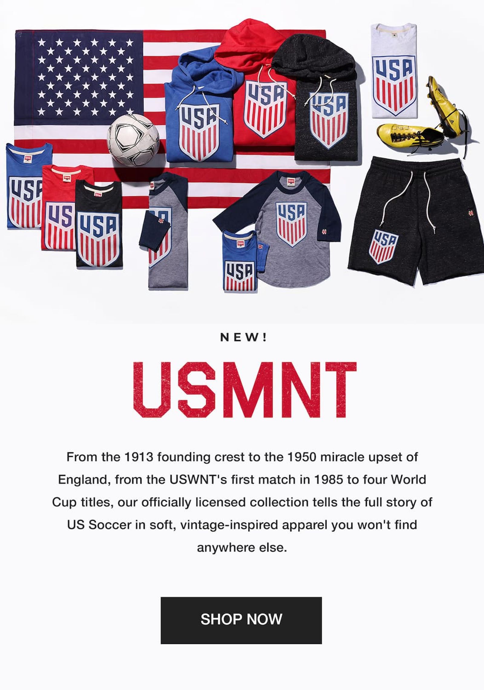 USMNT soccer apparel collection including t-shirts, hoodies, and shorts with a USA crest, shown with a soccer ball and American flag.
